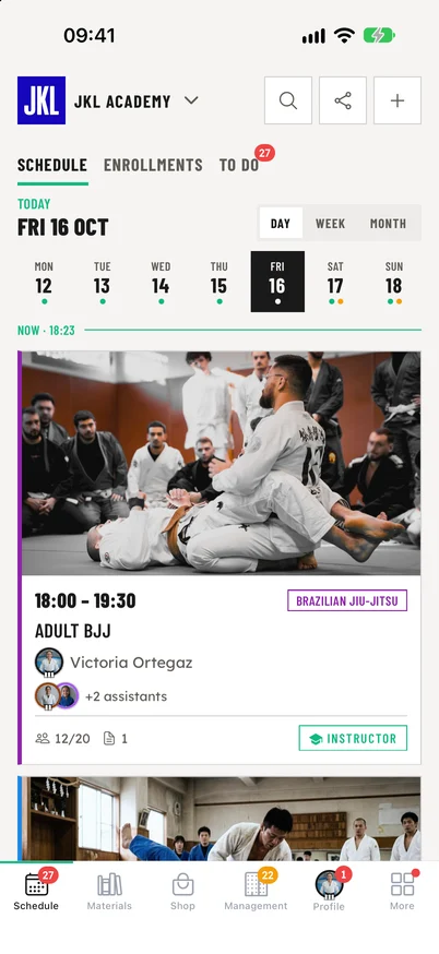 OSS Academy mobile app, class schedule