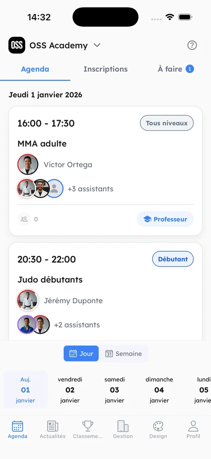 Mobile app home screen with daily class schedule