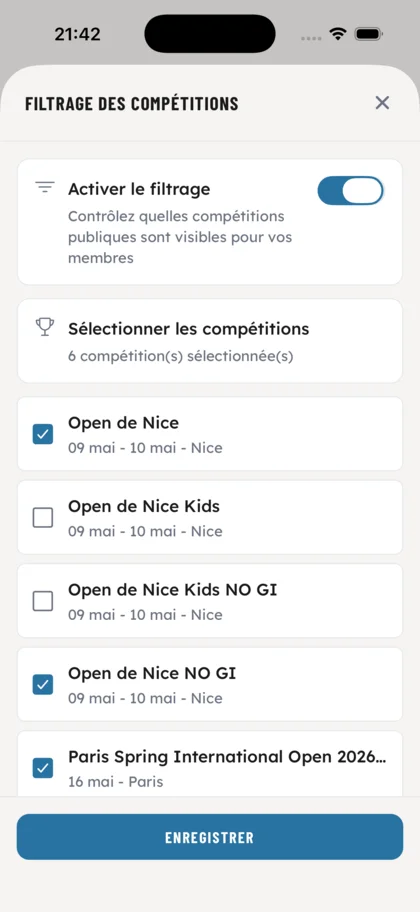 Filtrage des compétitions - OSS Academy