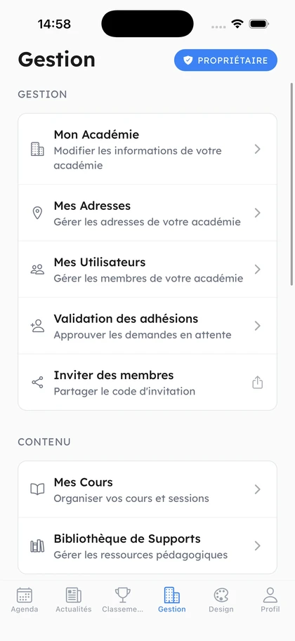 Academy management dashboard showing member list and statistics