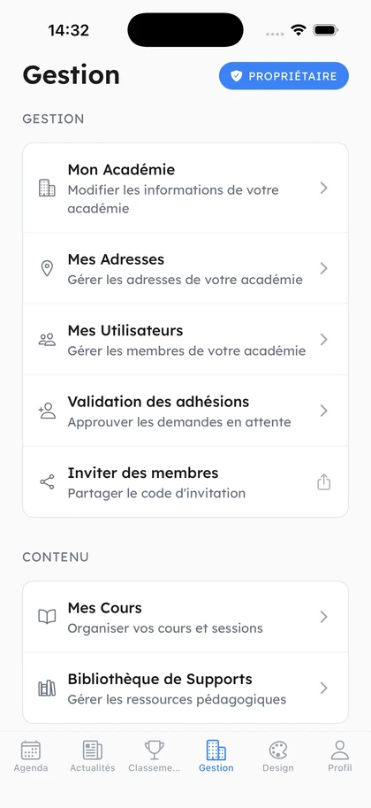 Academy owner dashboard with member management and analytics